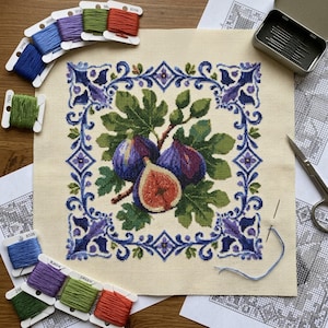 Patrón de punto de cruz de higos: diseño botánico con motivo de fruta, bordado floral botánico, bordado moderno de punto de cruz contado en PDF.