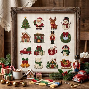 May include: A framed cross-stitch sampler featuring sixteen Christmas-themed icons including a tree, Santa, reindeer, snowman, gingerbread house, fireplace, nutcracker, wreath, truck, gifts, cocoa, penguin, bells, polar bear, cottage, and sleigh.