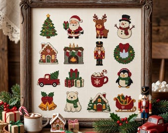 16 Motif Christmas Icons Cross Stitch Pattern: Cozy Holiday Sampler Grid, Winter Motifs Embroidery PDF