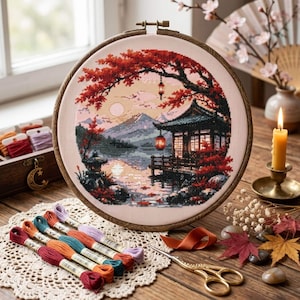 Pagoda Cross Stitch Pattern: Serene Landscape Mountain Lake, Scenic Landscape Needlework, Modern Counted Cross Stitch Embroidery PDF