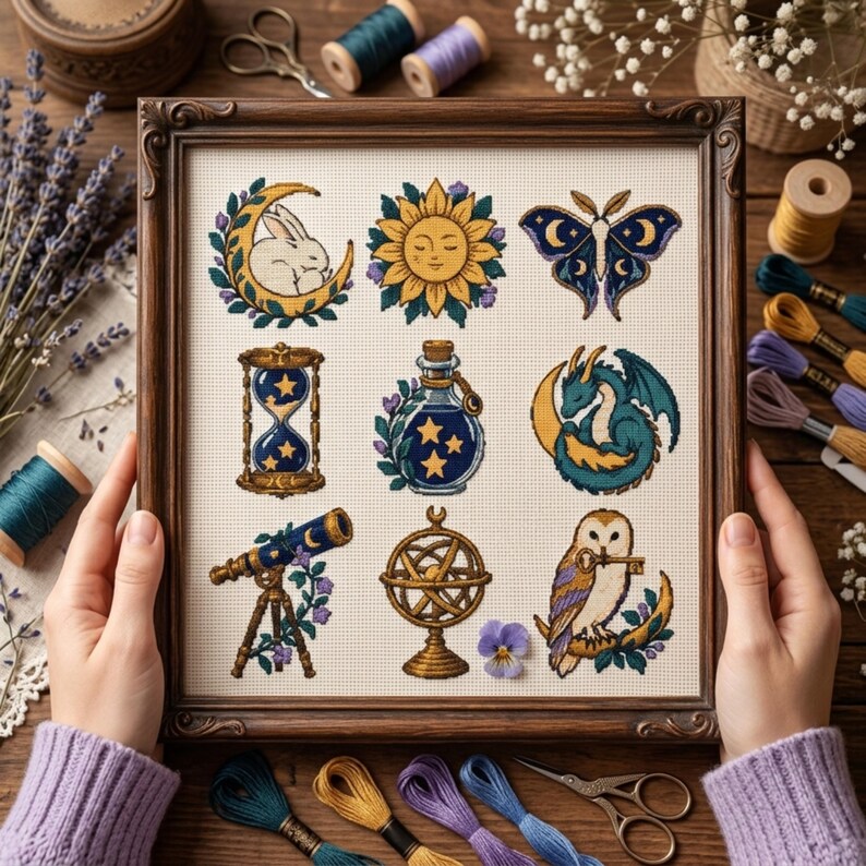 May include: A framed cross-stitch sampler on white fabric featuring nine distinct motifs: a rabbit on a crescent moon, a sun, a moth, an hourglass, a potion bottle, a dragon, a telescope, an armillary sphere, and an owl holding a key.