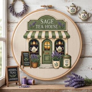 Sage Tea House Cross Stitch Pattern: Cozy Shop Whimsical Wildflowers Embroidery, Cottagecore Nature Needlework, Botanical Stitch Pattern PDF