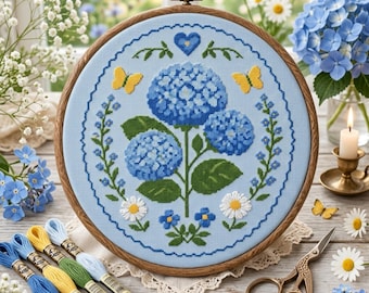 Blue Hydrangea Cross Stitch Pattern: Floral Wreath Wildflowers Embroidery, Cottagecore Nature Needlework, Botanical Stitch Pattern PDF