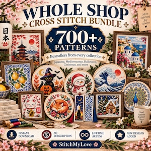 May include: A digital advertisement for a cross stitch bundle featuring over 700 patterns. The image displays various framed and hoop-mounted cross stitch designs including landscapes, animals, and holiday themes, with text reading Whole Shop Cross Stitch Bundle.