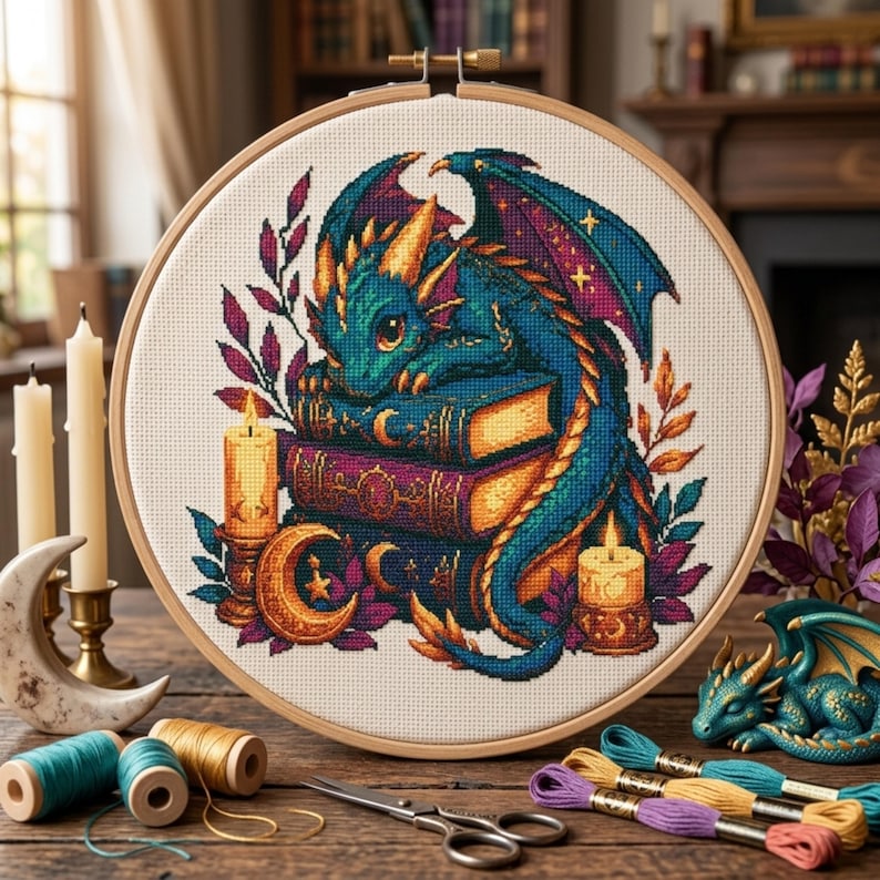 May include: A circular wooden embroidery hoop containing a cross-stitch pattern of a teal dragon resting on a stack of books. The design includes two lit candles, a crescent moon, and foliage. The dragon has yellow horns and purple-tipped wings.