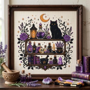 May include: A framed cross-stitch embroidery featuring a black cat, purple roses, potion bottles, a skull, books, and a mortar and pestle. The design includes a crescent moon and stars on a cream background, all enclosed in a dark wooden frame.