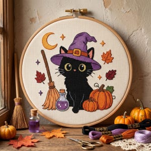 May include: A cross-stitch embroidery in a round wooden hoop featuring a black cat wearing a purple witch hat, a broomstick, a potion bottle, pumpkins, a crescent moon, and autumn leaves on a cream-colored fabric background.