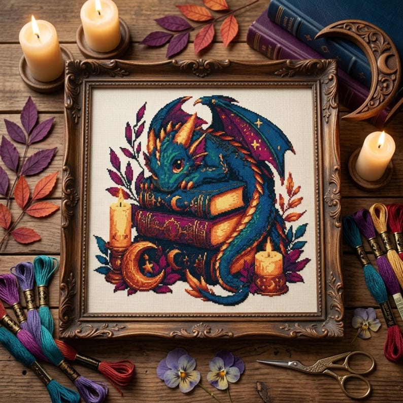 May include: A cross-stitch embroidery in a dark ornate frame depicting a teal dragon with gold horns resting on a stack of books. The design includes two lit candles, a crescent moon, and purple and orange foliage on a cream fabric background.