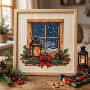 Peut inclure: Une broderie au point de croix carrée dans un cadre en bois clair représentant une vue par fenêtre d'une nuit enneigée avec une lanterne lumineuse, des branches de pin, des pommes de pin, des baies rouges et un nœud rouge.