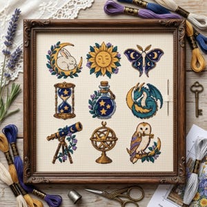 May include: A framed cross-stitch sampler on cream fabric featuring nine distinct motifs: a rabbit on a crescent moon, a sun face, a moth, an hourglass, a potion bottle, a dragon, a telescope, an armillary sphere, and an owl holding a key.