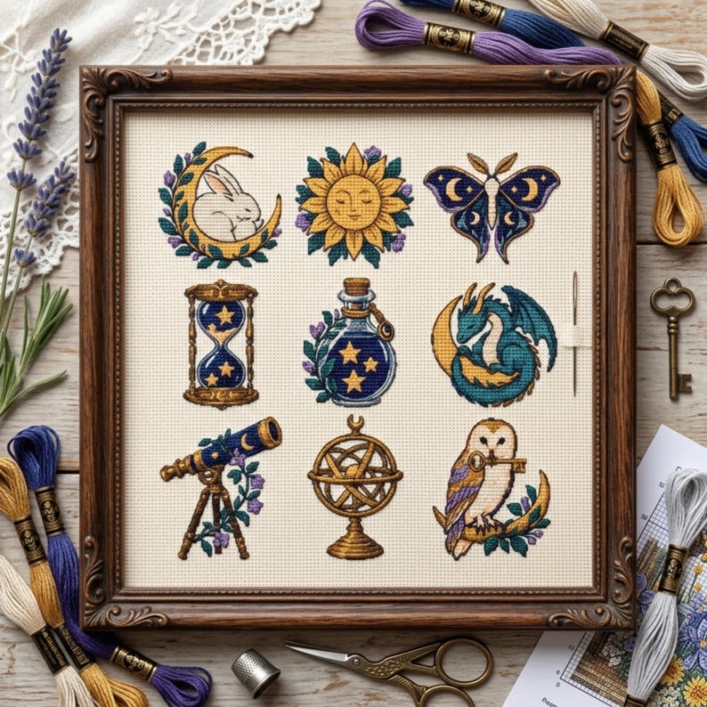 May include: A framed cross-stitch sampler on cream fabric featuring nine distinct motifs: a rabbit on a crescent moon, a sun face, a moth, an hourglass, a potion bottle, a dragon, a telescope, an armillary sphere, and an owl holding a key.