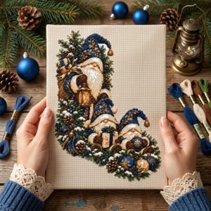 May include: A cross-stitch embroidery on beige fabric featuring three gnomes in blue hats, surrounded by pine branches, pinecones, and blue ornaments. One gnome holds a lit lantern, while another holds a gift box, all arranged in a stocking shape.