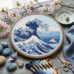 Padrão de Ponto Cruz da Grande Onda: Obra-prima japonesa do oceano, inspirada em Hokusai (PDF, vários tamanhos, bordado náutico)