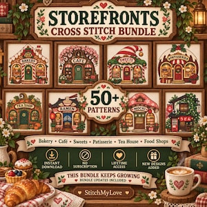 May include: A digital cross stitch pattern bundle titled Storefronts Cross Stitch Bundle featuring 50+ patterns of various shops like a bakery, cafe, and ramen shop. The design includes a banner with text, icons for download, and StitchMyLove branding.