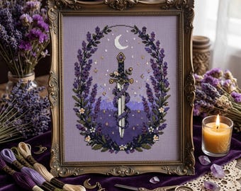 Sword And Lavender Cross Stitch Pattern: Cottagecore Botanical Fantasy Embroidery, Medieval Magic Needlework, Fairytale Stitch Pattern PDF