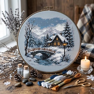 Winter Cabin Cross Stitch Pattern: Snowy Forest Scene Rustic Christmas Embroidery, Festive Holiday Needlework, Winter Stitch Pattern PDF
