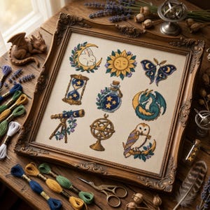 May include: A framed embroidery sampler featuring nine celestial and mythical motifs including a rabbit on a crescent moon, a sun, a moth, an hourglass, a potion bottle, a dragon, a telescope, an armillary sphere, and an owl holding a key.