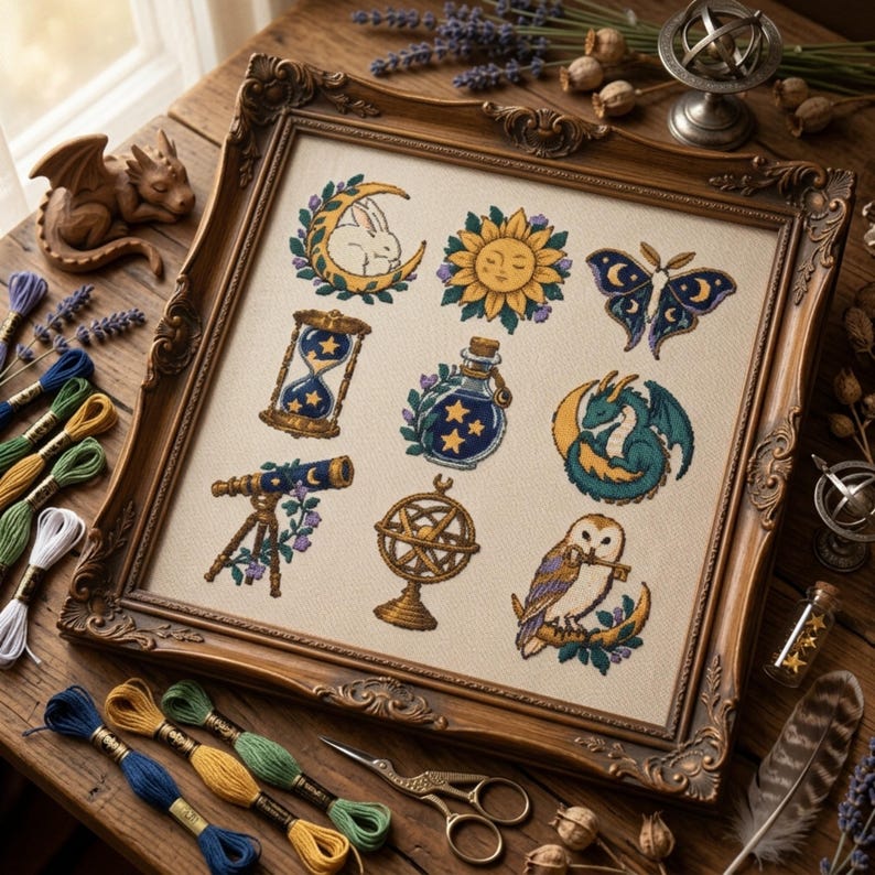 May include: A framed embroidery sampler featuring nine celestial and mythical motifs including a rabbit on a crescent moon, a sun, a moth, an hourglass, a potion bottle, a dragon, a telescope, an armillary sphere, and an owl holding a key.
