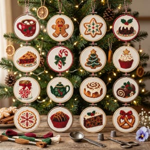 May include: A collection of sixteen circular embroidery hoops featuring cross-stitch designs of Christmas treats and symbols, including a gingerbread man, candy cane, teapot, and snowflake, arranged in a grid pattern.