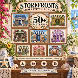Könnte beinhalten: Eine digitale Sammlung von über 50 Kreuzstichmustern mit verschiedenen Ladenfronten wie Buchhandlungen, Teehäusern und Bäckereien. Die Anzeige enthält mehrere gerahmte Illustrationen sowie Symbole für Sofort-Download, lebenslangen Zugriff und Updates.