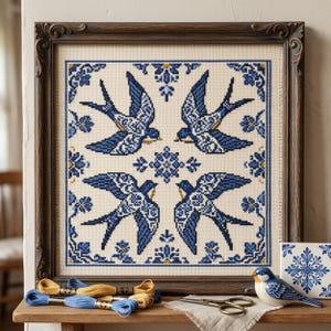 Könnte beinhalten: Eine quadratische Kreuzstichstickerei mit vier symmetrischen blau-weißen Schwalben, die um ein zentrales Blumenmotiv angeordnet sind, gerahmt in dunklem Holz. Daneben liegen blaues und gelbes Stickgarn, eine Schere und ein Keramikvogel.