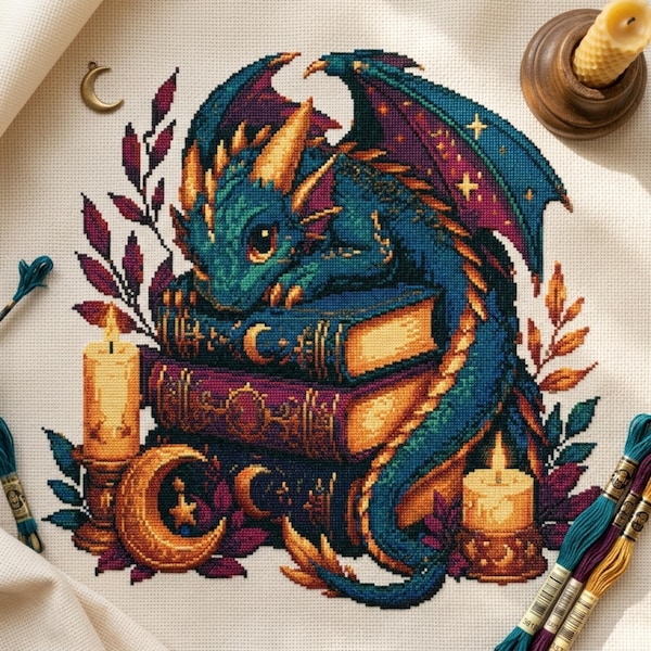Sleeping Dragon Cross Stitch Pattern: Fantasy, Cozy Library, Reading Monster Embroidery, Fantasy Gothic Needlework Embroidery PDF