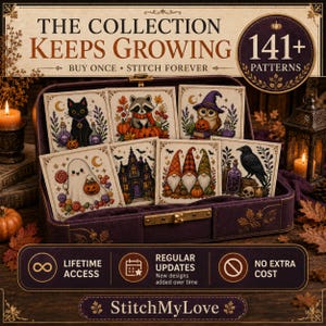 Halloween Cross Stitch Mega Bundle 141+ Patterns: Lifetime Access, Ghosts Witches Black Cats Haunted Houses Spooky Embroidery PDF