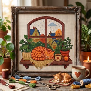 Peut inclure: Une broderie au point de croix encadrée représentant un chat tigré orange dormant sur un rebord de fenêtre avec des plantes en pot, une tasse et un village sous la pluie. Sous le cadre se trouvent des échevettes, des ciseaux et une figurine.