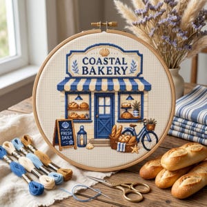 Coastal Bakery Cross Stitch Pattern: Seaside Shopfront Design Theme, Modern Counted Cross Stitch Embroidery PDF