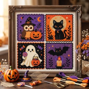 Patrón de punto de cruz de cuatro cuadrados de Halloween: Kawaii, fantasma, calabaza, murciélago, sombrero de bruja, bordado, bordado de otoño de Halloween en PDF