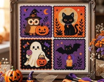 4 Motif Halloween Squares Cross Stitch Pattern: Kawaii, Ghost, Pumpkin, Bat, Witch Hat Embroidery PDF