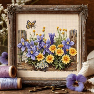 Könnte beinhalten: Kreuzstich-Blumendesign in einem Holzrahmen. Das Kunstwerk zeigt einen Schmetterling, lila und gelbe Blumen und einen Holzzaun. Der Rahmen ist dunkelbraun und der Hintergrund hellbeige.