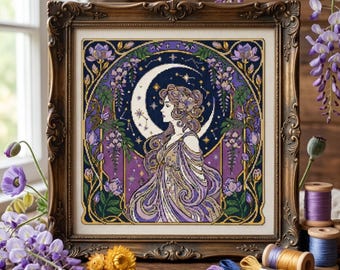 May include: A framed cross-stitch embroidery featuring a person with flowing hair standing before a large crescent moon. The design is surrounded by purple wisteria flowers and gold accents on a dark blue background, all encased in an ornate brown frame.