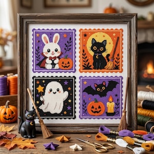 May include: A framed cross-stitch sampler featuring four square panels with Halloween themes: a white rabbit in a cape with a pumpkin, a black cat with a broom, a white ghost holding a star, and a bat with a pumpkin and candle on a purple background.