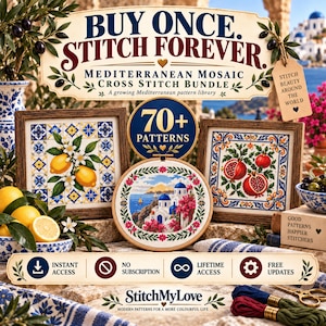 Mediterranean Cross Stitch Mega Bundle 72 Patterns: Lifetime Access, All Future Designs, Azulejo Tiles Lemon Greek Island Embroidery PDF