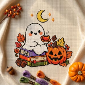 Peut inclure: Un motif de point de croix sur tissu crème représentant un fantôme blanc assis sur une pile de trois livres, tenant une petite tasse orange. À côté du fantôme se trouvent une citrouille, des feuilles d'automne et un croissant de lune jaune.