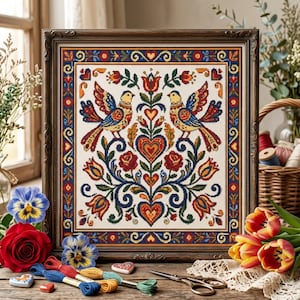 May include: A framed cross-stitch embroidery featuring two birds facing each other, surrounded by symmetrical floral motifs, hearts, and tulips in red, blue, yellow, and green. The design is enclosed in a decorative border within a dark wood frame.
