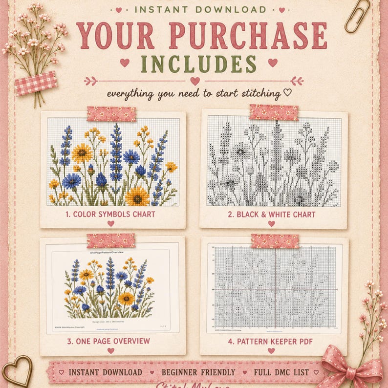 May include: A digital cross-stitch pattern set featuring four distinct documents: a colour symbols chart, a black and white chart, a one-page overview, and a pattern keeper PDF. The text reads: YOUR PURCHASE INCLUDES everything you need to start stitching.