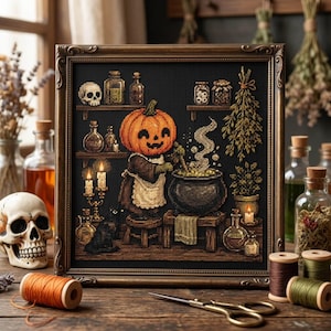 May include: A framed cross-stitch embroidery featuring a pumpkin-headed figure stirring a black cauldron in a room with shelves of glass bottles, a skull, candles, and dried herbs. The scene is set against a black background with a dark ornate frame.