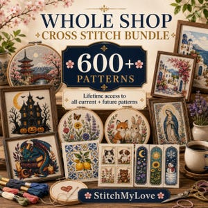 Puede incluir: Una colección digital de más de 600 patrones de punto de cruz titulada Whole Shop Cross Stitch Bundle. La muestra presenta varios diseños de bordado enmarcados y en bastidores, incluyendo paisajes, animales y motivos estacionales.
