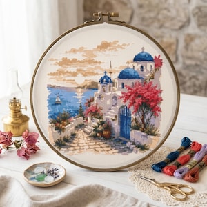 Greek Island Village Cross Stitch Pattern: Summer Scene Nautical Embroidery, Coastal Decor Needlework, Ocean Stitch Pattern PDF