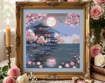 Japanese Temple Cross Stitch Pattern: Cherry Blossom Zen Garden Japanese Embroidery, Sashiko Style Needlework, Kawaii Stitch Pattern PDF