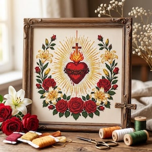 May include: A framed cross-stitch embroidery featuring a central red Sacred Heart with a cross and flames, surrounded by a wreath of red roses and yellow lilies. The artwork is displayed in a dark wooden frame with spools of thread and scissors.