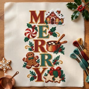 Peut inclure: Un motif de point de croix sur tissu crème épelant MERRY avec des éléments festifs incluant une maison en pain d'épices, un bonbon à la menthe, une casserole en cuivre avec des guimauves, un bonhomme en pain d'épices et un cadeau.