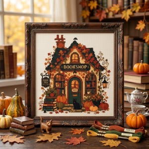 Cozy Autumn Bookshop Cross Stitch Pattern: Whimsical Pumpkin, Forest Fox, Fall Reading Nook Embroidery PDF