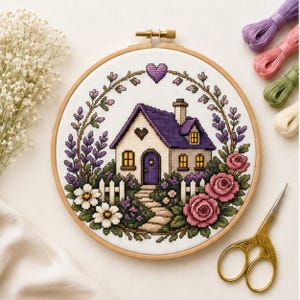 Patrón de punto de cruz de la casita del conejo: Casita de primavera morada con conejo, bordado de escena cottagecore en PDF