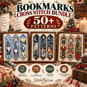 May include: A digital cross stitch pattern bundle titled BOOKMARKS CROSS STITCH BUNDLE 50+ PATTERNS. The image displays three framed sets of vertical bookmark designs featuring gnomes, forest animals, a nutcracker, and holiday motifs.