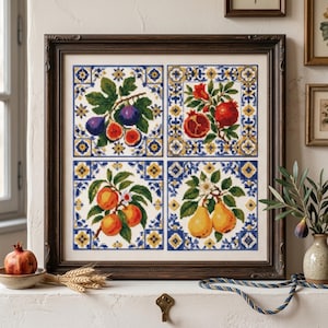 4 Motif Fruit Tiles Cross Stitch Pattern: Vintage Orchard Fruits Kitchen Embroidery, Mediterranean Decor Needlework, Food Stitch Pattern PDF