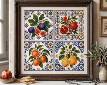 4 Motif Fruit Tiles Cross Stitch Pattern: Vintage Orchard Fruits Kitchen Embroidery, Mediterranean Decor Needlework, Food Stitch Pattern PDF