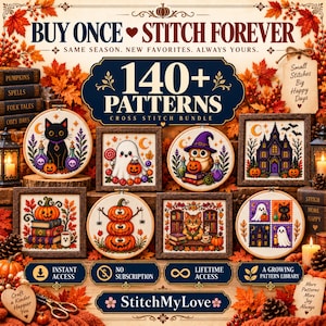 Halloween Cross Stitch Mega Bundle 141+ Patterns: Lifetime Access, Ghosts Witches Black Cats Haunted Houses Spooky Embroidery PDF